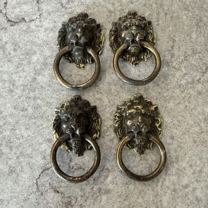 Set 4 Vintage Brass Lion Head Dresser Chest Drawer Knob Cabinet Pull Patina 3D